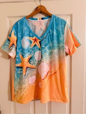 NOVELTY Women's V-Neck Ocean Sea Shell Starfish Print Tee -   X-LARGE (NOT XXL)